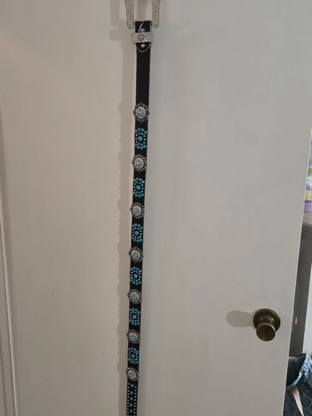 Black Leather Belt with Turquoise Flower Conchos and Rhinestone Accents
